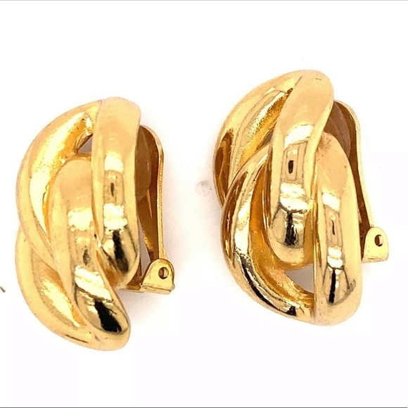 VINTAGE 1950s French CHRISTIAN DIOR Large Gold Tone Curb Link Clip On Earrings - Picture 4 of 4